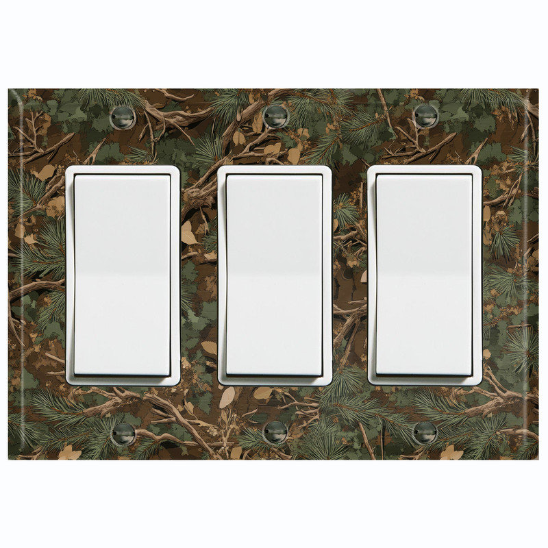 Couvercle de plaque d'interrupteur en métal; Fauteuil à bascule GFI de taille standard US 3 bandes - Camouflage Forest Foliage