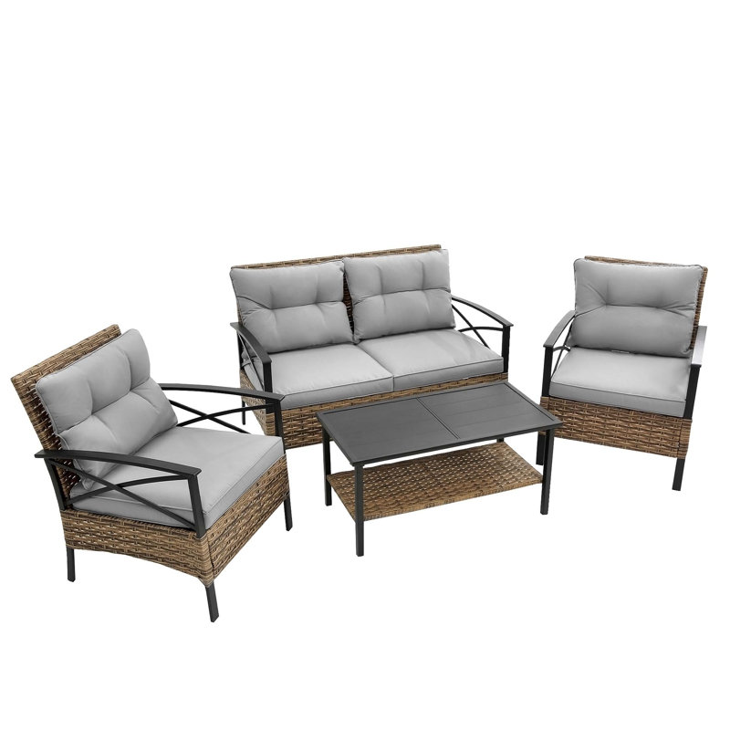 Ensemble de conversation modulaire basse pour patio 4 pièces, canapé d'angle avec coussin, Gris