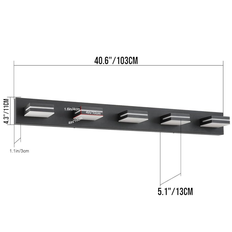 Luminaire de salle de bain moderne à DEL à intensité variable (blanc froid 6000K), Noir mat