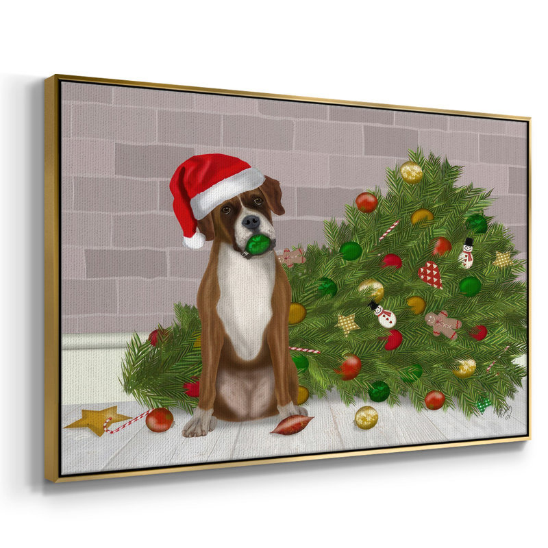 «Christmas Boxer And Broken Christmas Tree», reproduction sur toile, H 27 po x l 41 po x P 1,5 po, Encadrement doré