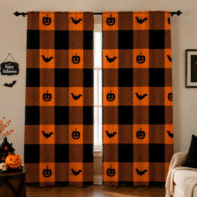2Pcs Halloween Pumpkin Bat Plaid Curtains, Festive Fall Decorative Window Drapes for Living Room Bedroom Kitchen Home Decor, Light Filtering Rod Pocket Panels, Decorations