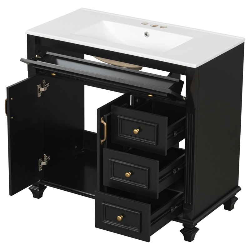 Armoire de meuble-lavabo avec tiroir rabattable, Noir, Doré
