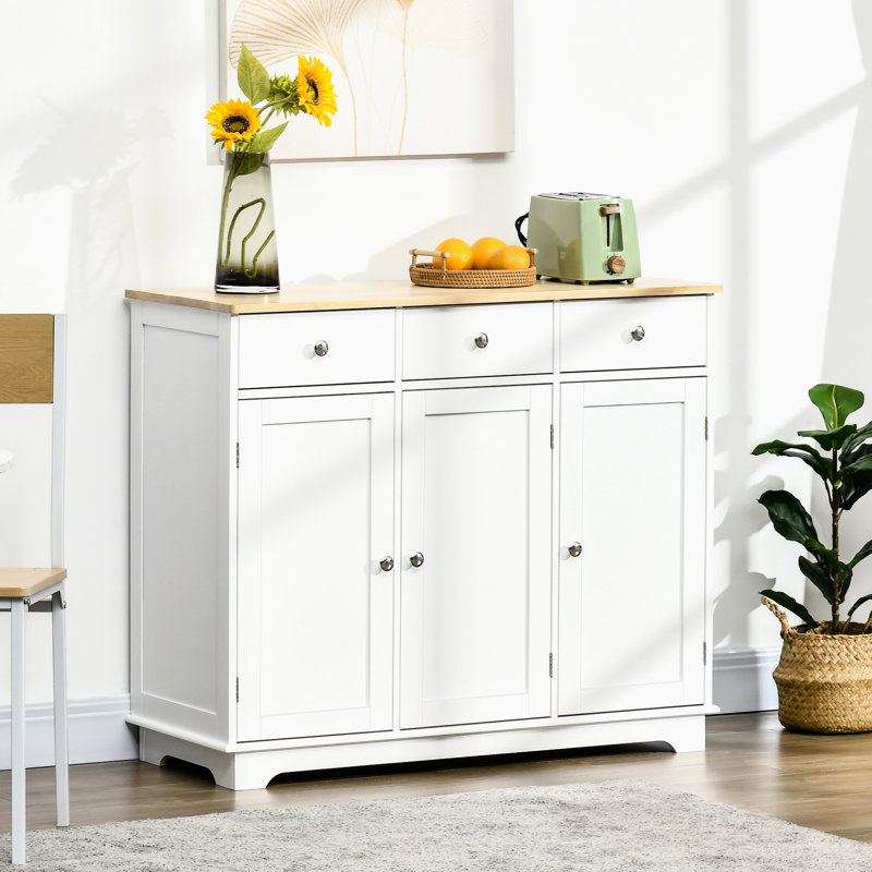 Buffet de rangement Modern Kitchen - blanc avec comptoir en bois massif, 3 tiroirs, portes, tablette réglable pour une présentation pratique,