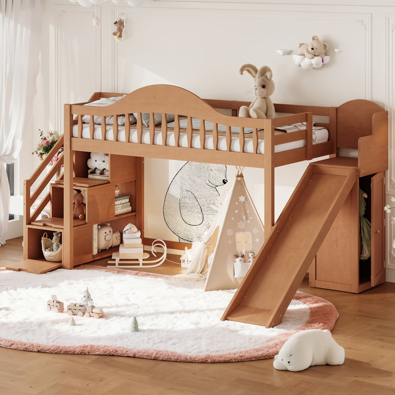 Structure de lit mezzanine avec glissade, escalier de rangement et garde-robe intégrée Haven Kids, Lit simple, Noyer