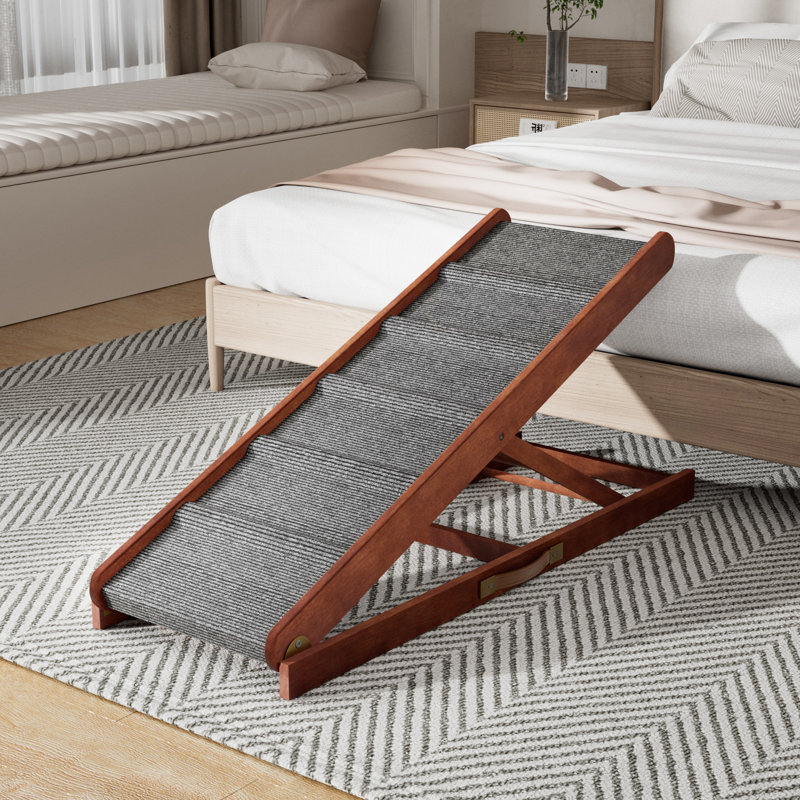 Rampe réglable pour chien en bois massif avec surface antidérapante, Tanné