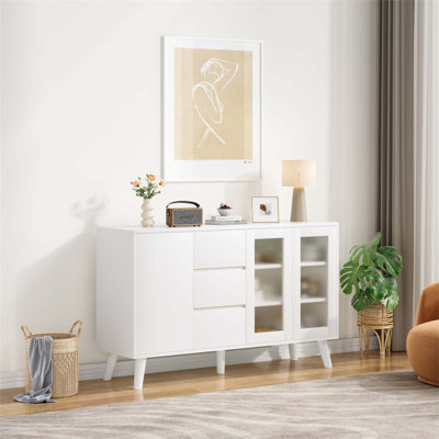 Buffet Farmhouse, bar à café de 55,5 pouces avec 3 tiroirs et portes escamotables, grand buffet rustique pour la salle à manger, la cuisine, le couloir et le salon
