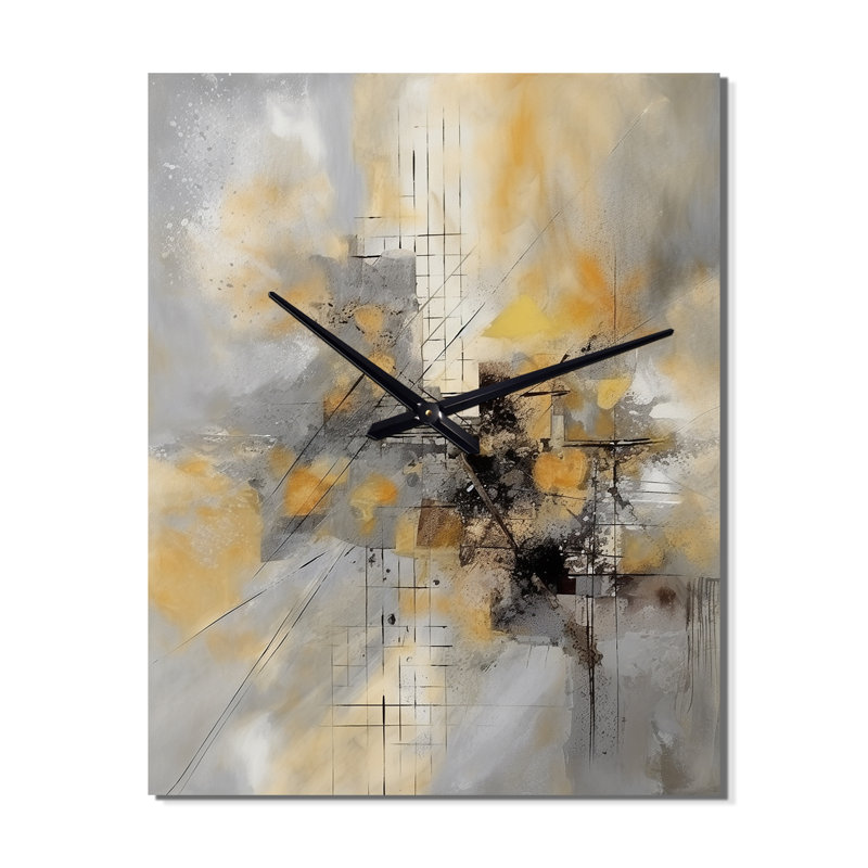 Jaune et gris au-delà de la toile I - Peinture abstraite d'horloges murales, H 32 po x l 16 po x P 1 po