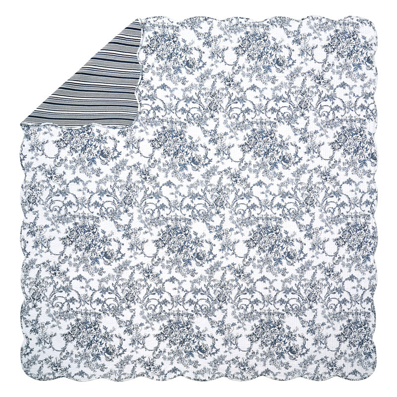 Blue Cotton Full Reversible Quilt Set with Scallop Edges