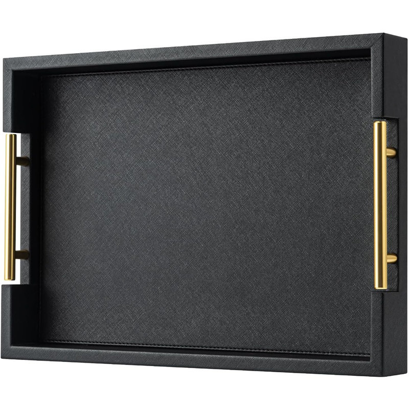 Black Rectangle Serving Tray With Gold Handles For Party,Large Wood Decorative Tray For Ottoman,Faux Leather Coffee Table Tray Decor