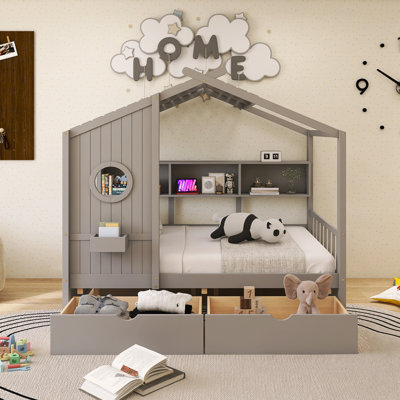 Lit double en bois avec 2 tiroirs et tablette de rangement
