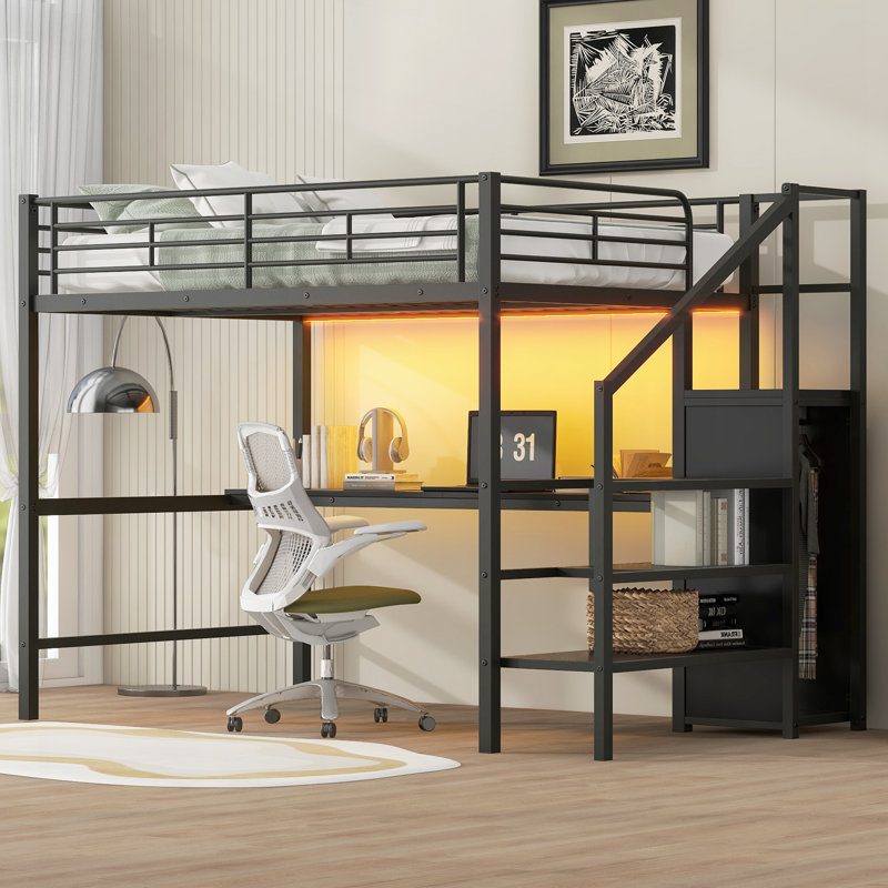 Lit mezzanine en métal avec bureau, garde-robe et lumière DEL