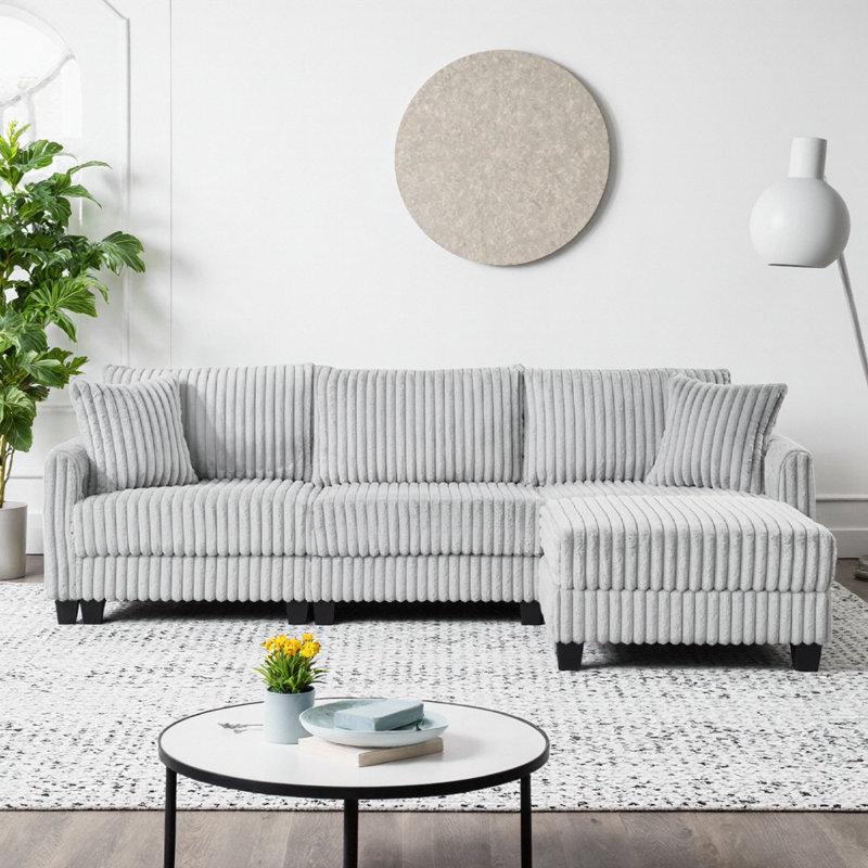 Grey L-Shaped Convertible Corduroy Sofa with Charging Ports, 100" Modular 3-Seater Floating Design