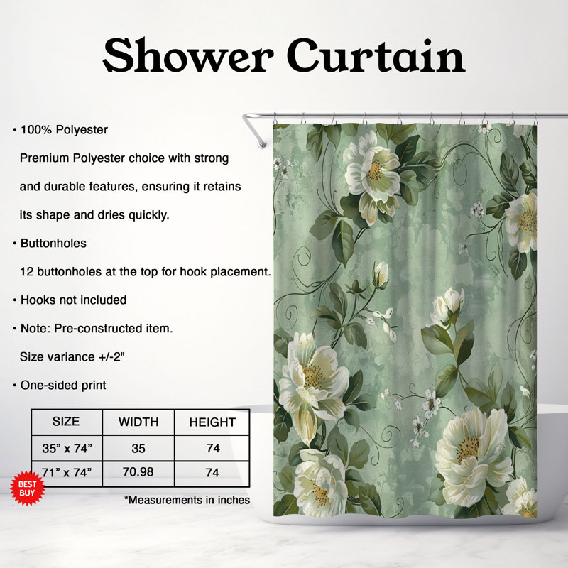 Rideau de douche 1 pièce Elegant Sage Florals, H 74 po x l 71 po