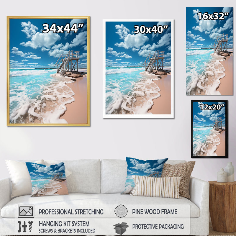 «Turquoise Miami Lifeguard Whispers I», reproduction sur toile, H 32 po x l 16 po x P 1 po, Cadre photo doré