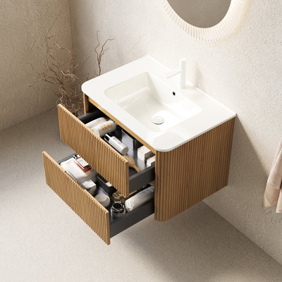 Meuble-lavabo de 30 po avec lavabo, lavabo en céramique blanche, armoire murale en contreplaqué flottant, 2 tiroirs, naturel, glissières de tiroir, facile à installer, teinture de rangement scandinave moderne et propre, doux