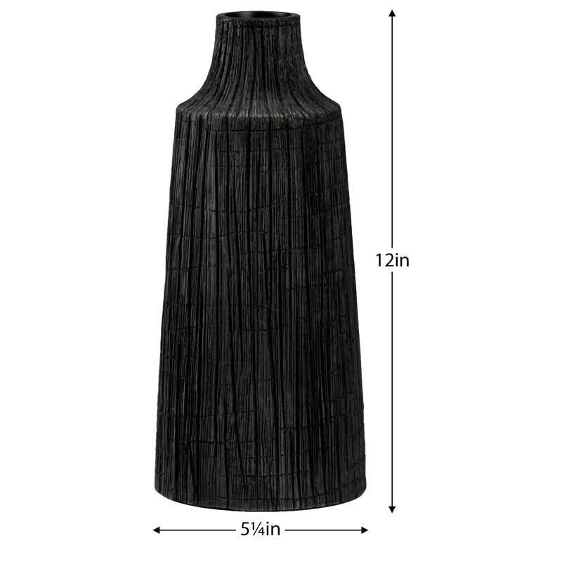 Tree Trunk Textured Etched Resin Table Vase, 12" H x 5.25" W x 5.25" D, Black