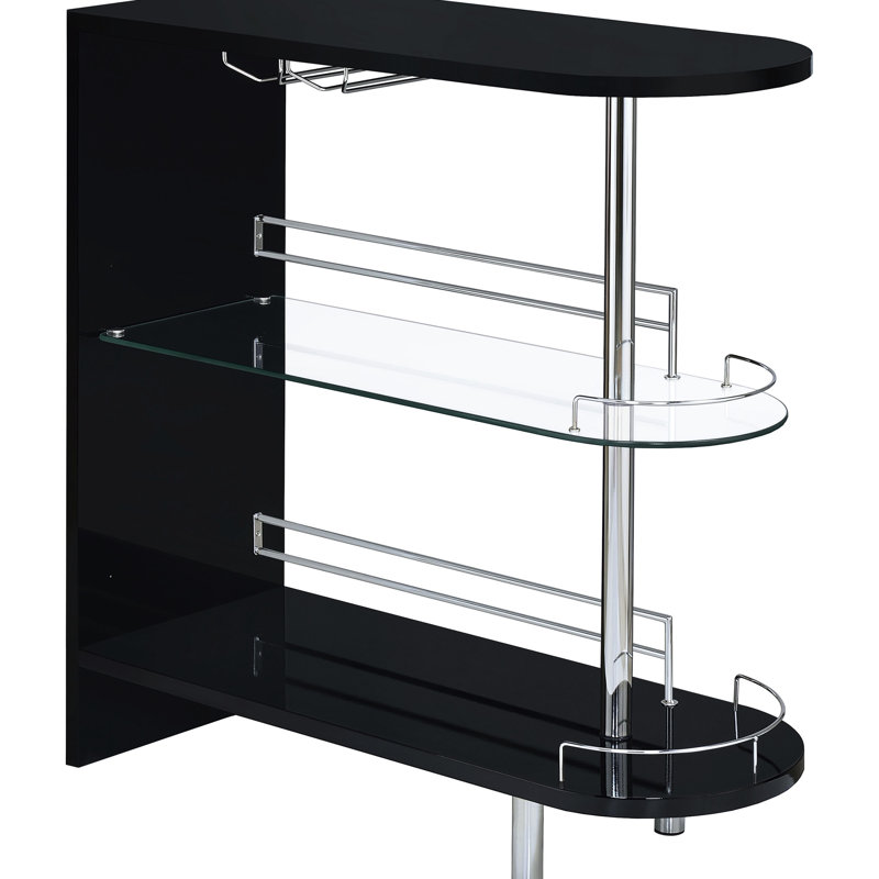 Table de salle à manger noire ultra brillante 2 avec rangement pour bouteilles de vin, surface en verre, hauteur de 41,05 po, largeur de 39,5 po, profondeur de 16,04 dans la pièce, et métal, hauteur, profondeur, couleur principale argentée