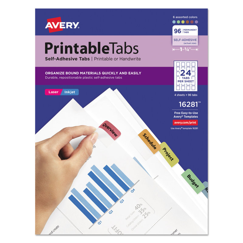Avery Assorted Color Printable Plastic Tabs with Self-Adhesive, 1.25" Wide, Pack of 96