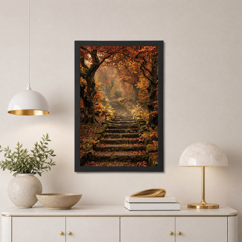 «Mossy Stone Staircase in Autumn Forest», art mural, H 18 po x l 12 po