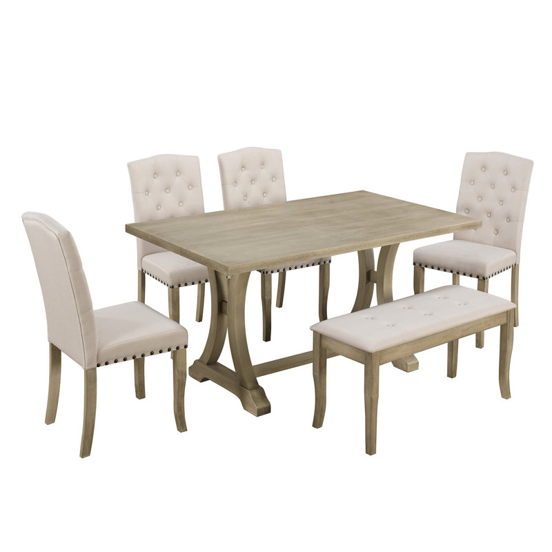 Table de salle à manger rectangulaire avec 4 chaises rembourrées et 1 banc, 6 tréteaux et banc en bois naturel délavé