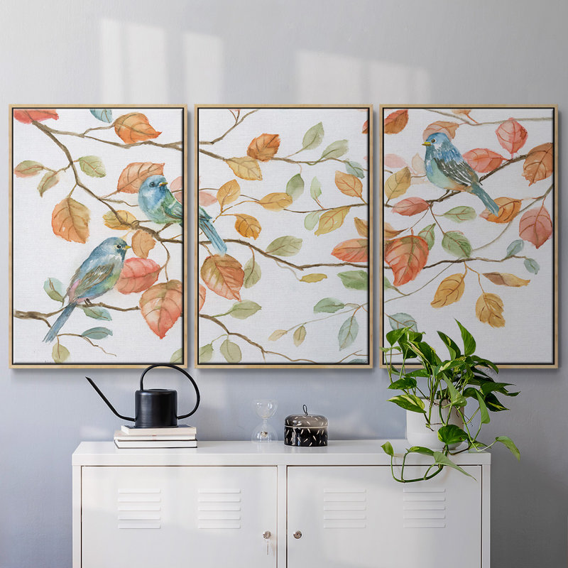 «Bird Trio», peinture sur toile 3 pièces, H 24 po x l 48 po, Encadré naturel