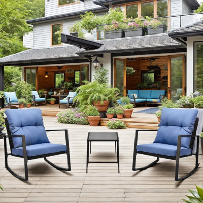 Ensemble de conversation de terrasse pour 2 personnes - chaises à coussins bleus météo pour jardin, terrasse, chaise berçante de piscine 3 pièces avec coussins pelouse, bord de piscine, jardin