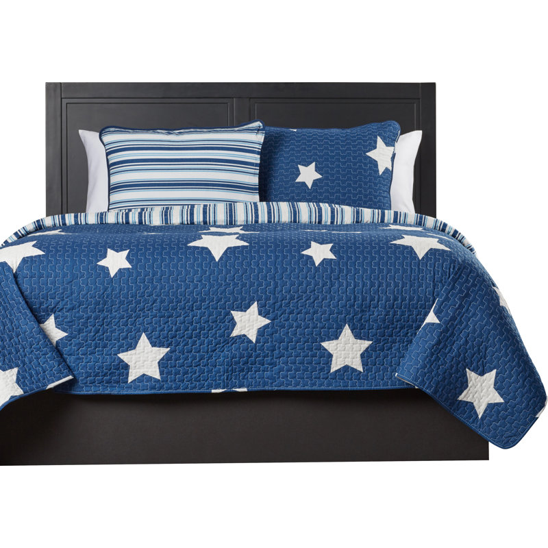 Star Cotton Reversible Traditional Quilt Set, Navy, Twin Quilt + 1 Sham 