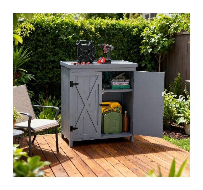 Armoire de rangement extérieure avec dessus en acier galvanisé et portes décoratives en bois, remise à outils grise pour patio et jardin