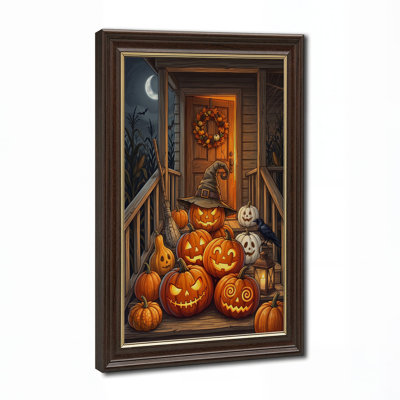Glowing Jack-o'-lanterns with Witch Hat on Porch Halloween Canvas Wall Art