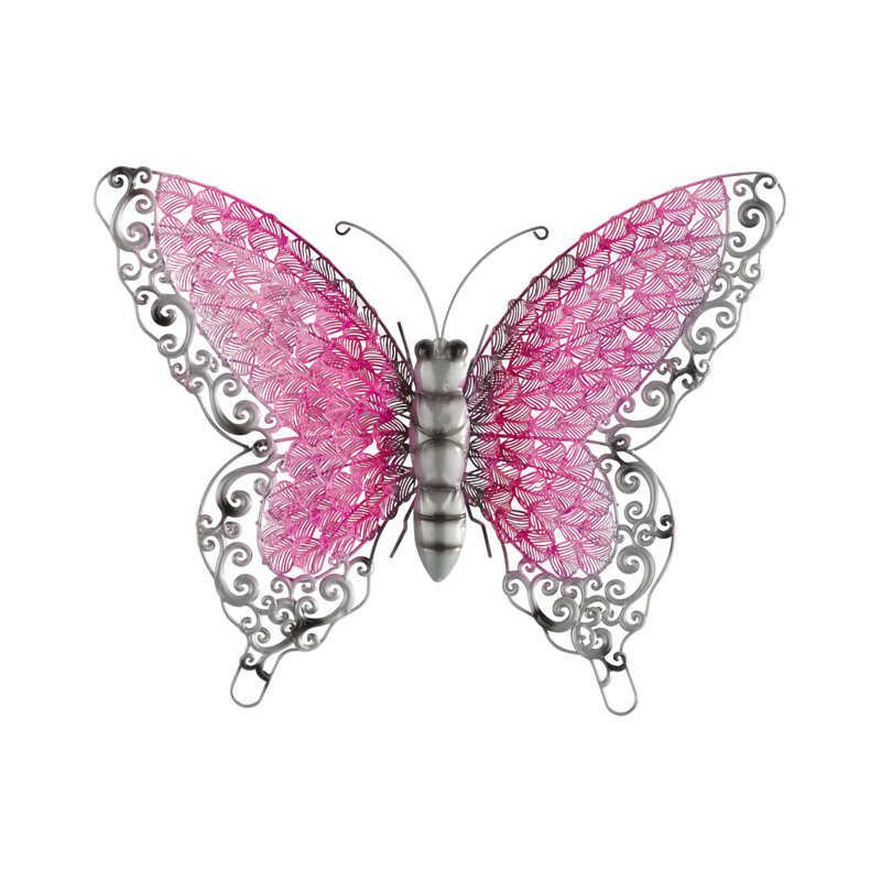 Décoration murale papillon en métal avec détails à volutes argentées, H 16,15 po x l 20,75 po x P 2,65 po, Rose