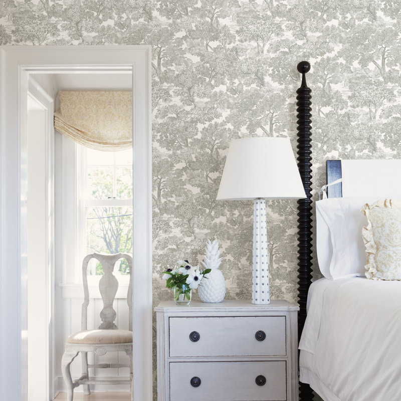 Spinney Toile 33' L x 20.5" W Wallpaper Roll, Grey, Paper