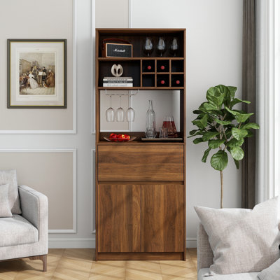 Brown Walnut Modular Wine Bar Cabinet With Open And Closed Shelves, Drawers, Wine Glass Shelf, Melamine Finish