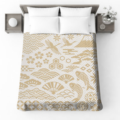 Japanese Cultural Symbols Quilted Thin Bedspread