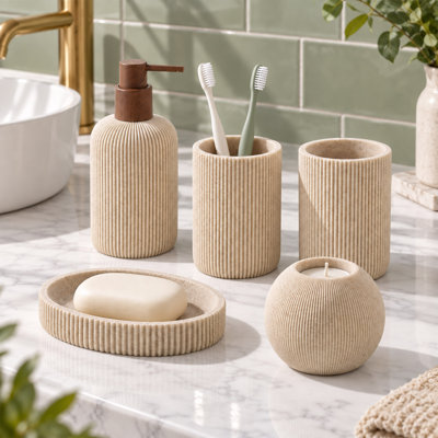5 Pack Bathroom Accessories, Resin Vanity Organizer with Soap Dispenser and Candle Holder