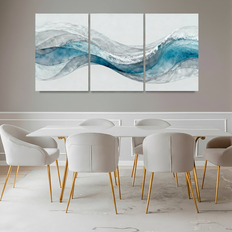 Ensemble de 3 tableaux abstraits sur toile tendue, motif vague, H 36 po x l 72 po