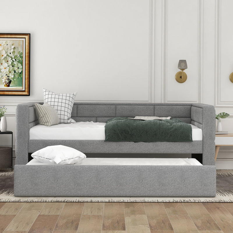Gray Twin Daybed With Trundle, Upholstered Padded Side, Construction In Padding Back
