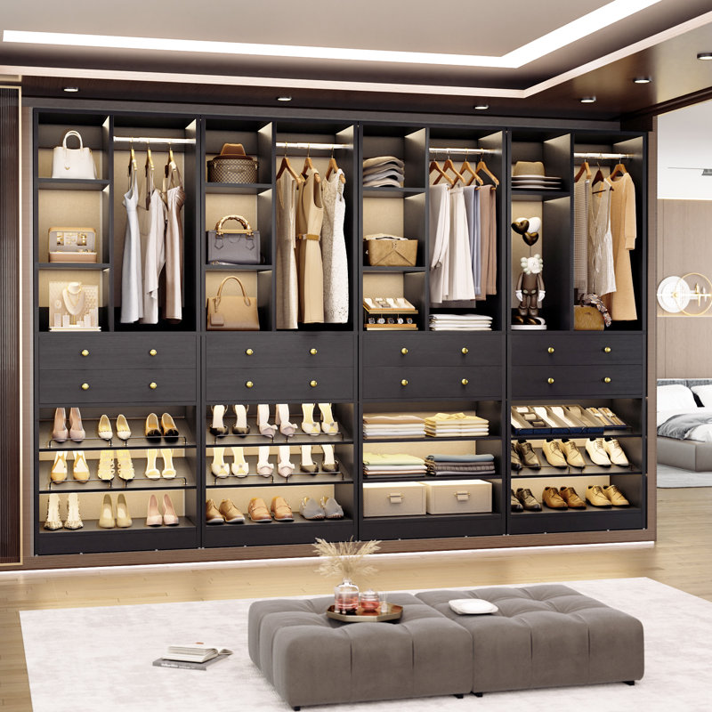 112" Closet Organizer System With Drawers And Shelves, Black, 4pcs-112"W