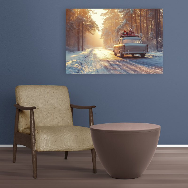 «Christmas Road Trip», rétro, rétro, forêt naturelle, impression d'art mural, H 24 po x l 36 po