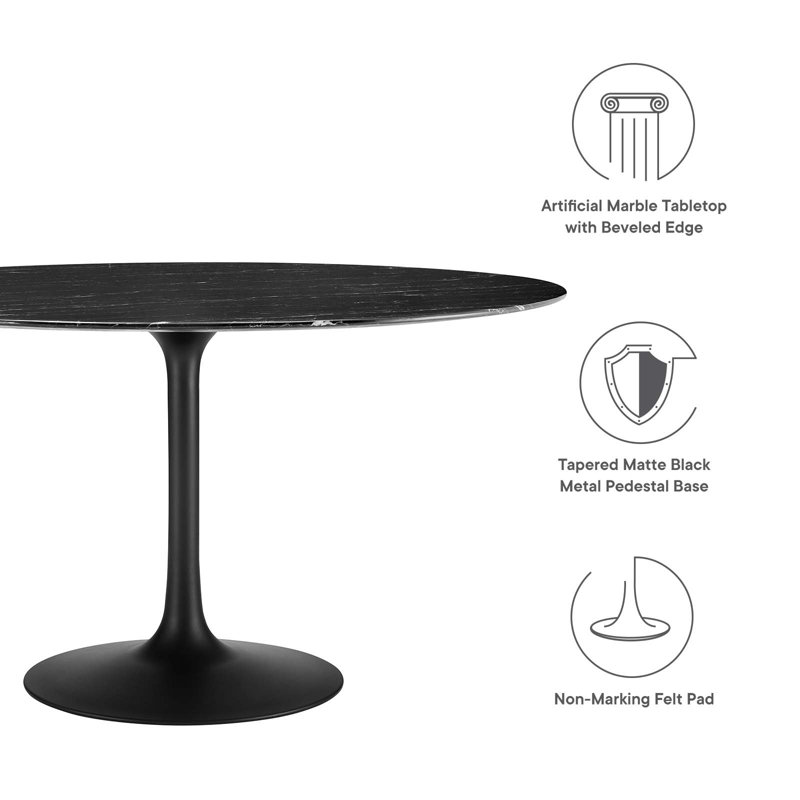 54" Round Black Marble Mid-century Modern Dining Table