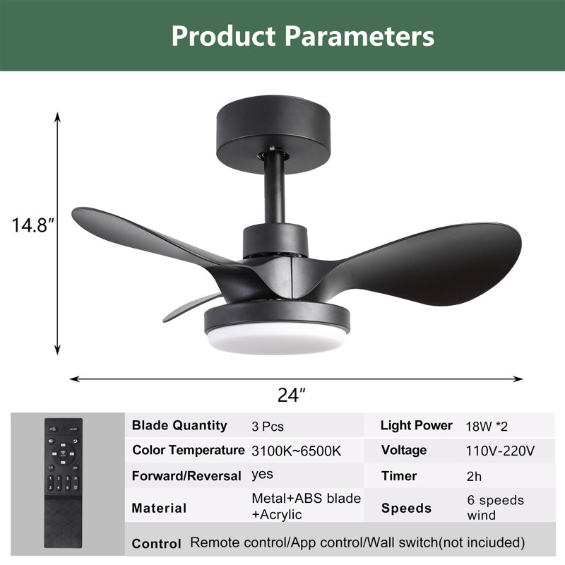 Petit ventilateur de plafond 24 po avec télécommande, Noir