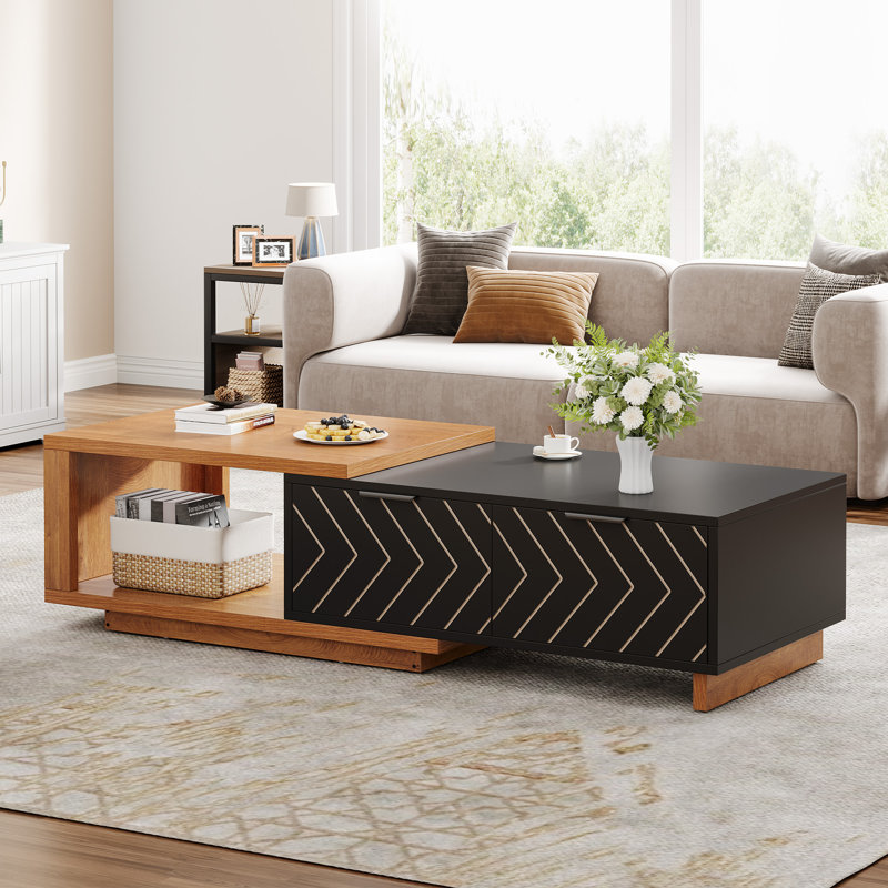 Extendable Coffee Table With 2 Storage Drawers, Dual-Tone Center Table With Sliding Tabletop, Light Brown/Black