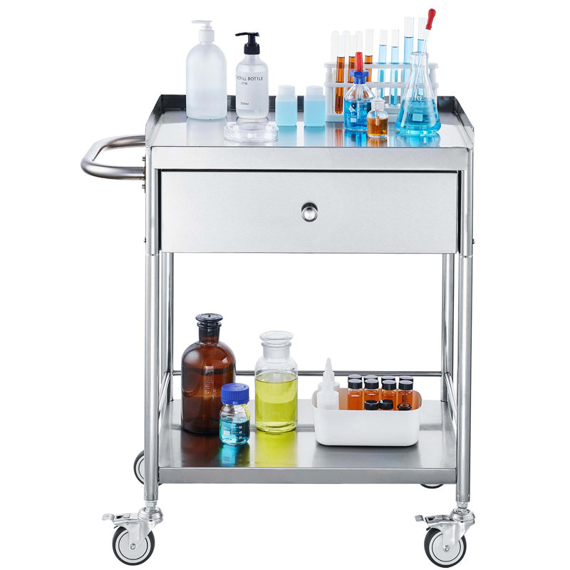 Chariot utilitaire médical en acier inoxydable avec rangement à deux niveaux, tiroir intégré, capacité de 220 lb et roulettes verrouillables silencieuses à 360 ° pour le laboratoire, la clinique, la cuisine ou le salon.