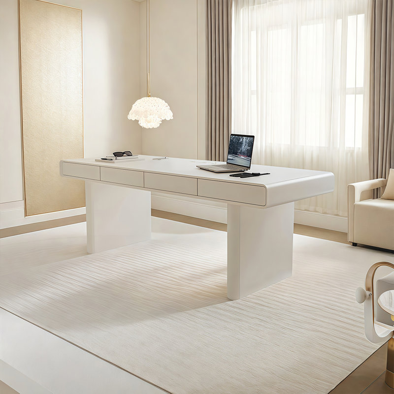 Cream-style minimalist desk with four drawers, 29.53" H x 70.87" W x 27.56" D