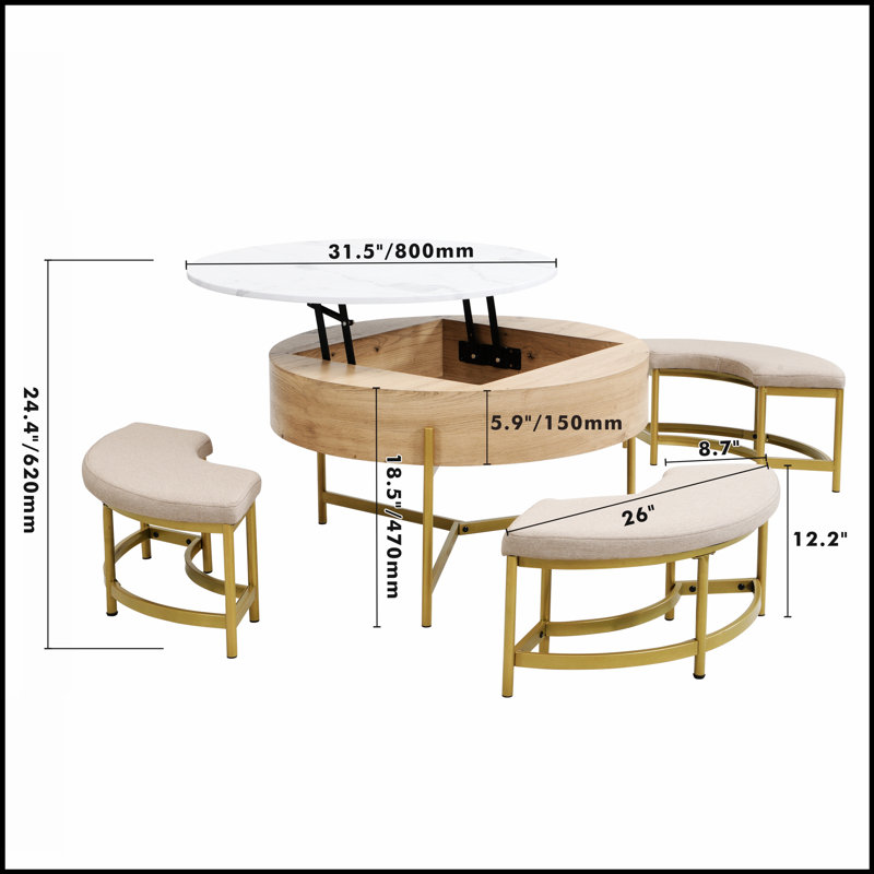 Ensemble de tables basses modernes à plateau relevable avec rangement et 3 repose-pieds, blanc et naturel, parfait pour les espaces de vie contemporains