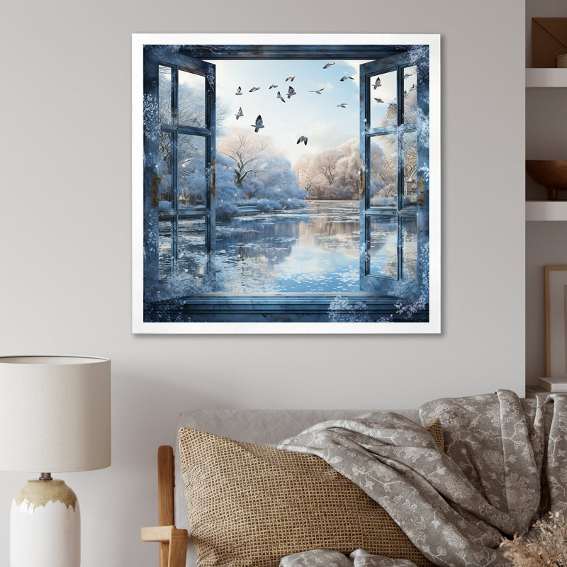 «Winter Window By The Lake - Winter Landscape», art mural, Cadre simple blanc, H 16 po x l 16 po x P 1 po