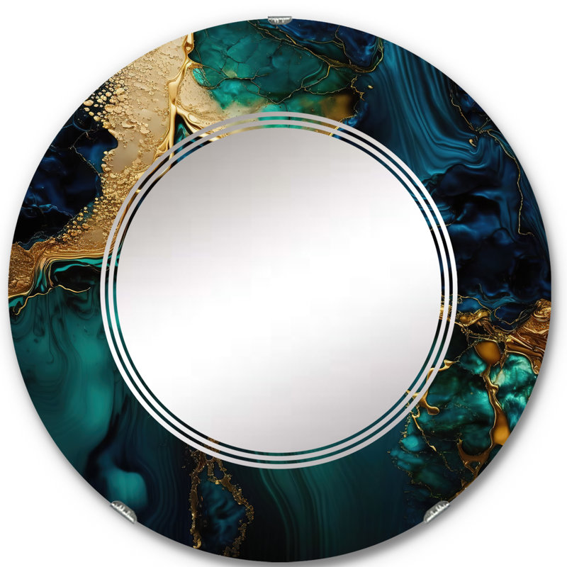Octavion - Géode abstraite en marbre vert et doré - Miroir mural abstrait en marbre, 24 po x 24 po