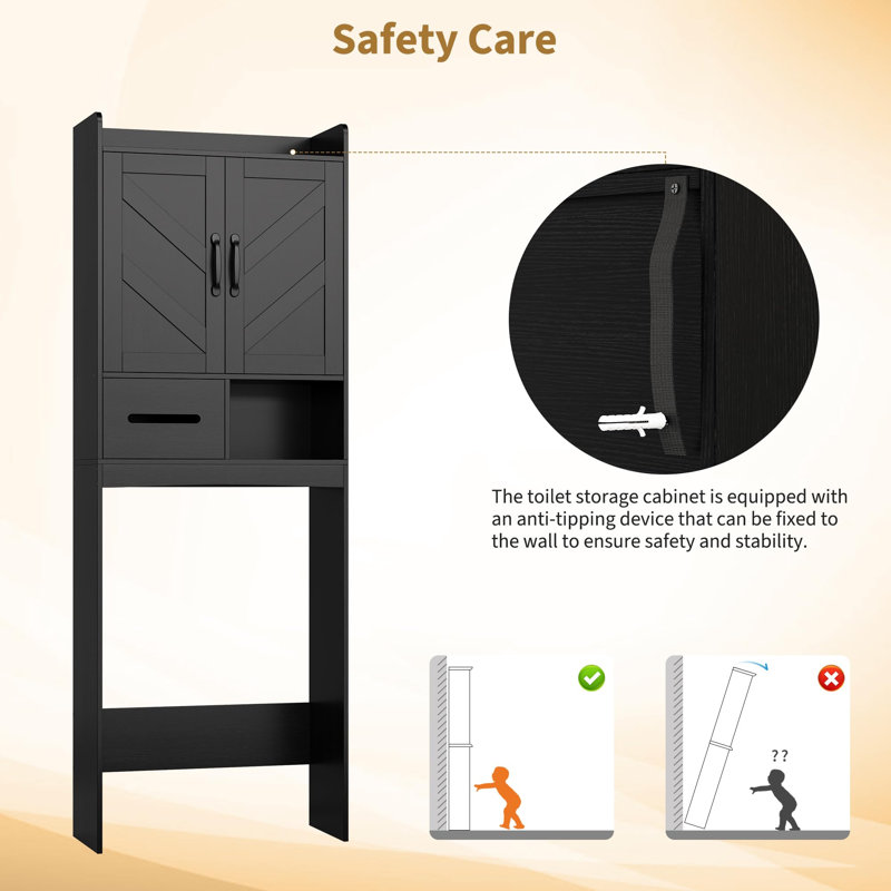 Over the Toilet Storage Cabinet with Anti-Tip Device,FreeStanding Bathroom Organizers with Toilet Paper Holder and Adjustable Shelf for Bathroom,Restroom,Laundry,black