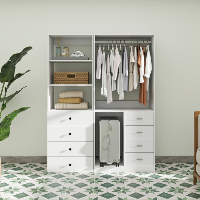 Alfonsina Closet Organizer System with Drawers and Hanging Rods, Open Wardrobe for Walk-in Closet with Multiple Shelves