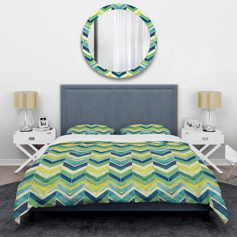 Ensemble de housse de couette à chevrons bleu et vert I - Tiles, Housse de couette pour grand lit et 2 taies décor
