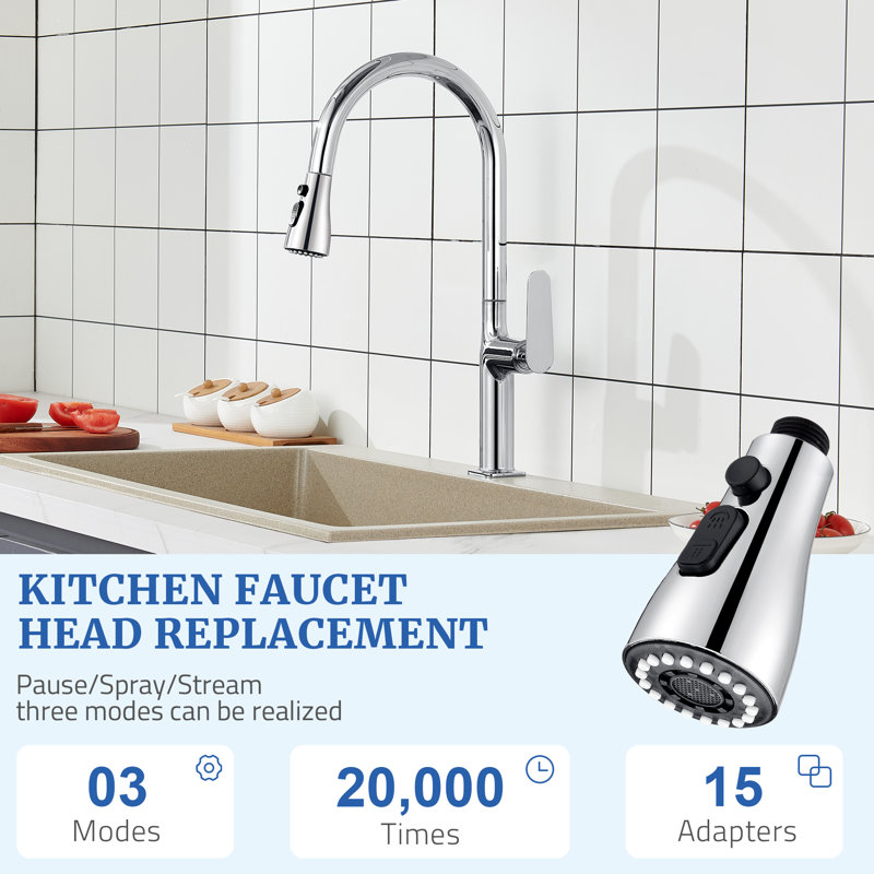 Pull Down Kitchen Faucet Spray Head Replacement 3 Modes with 15 Adapters